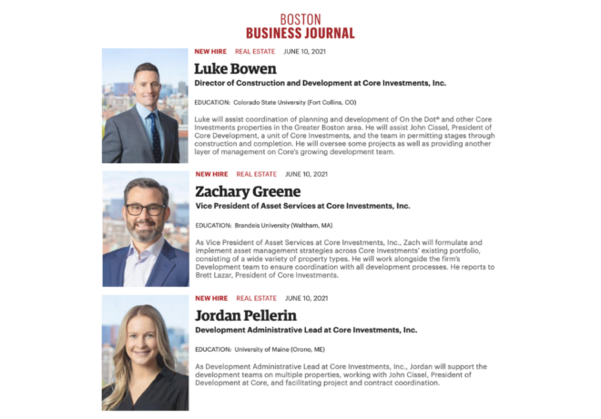 BOSTON BUSINESS JOURNAL: People on the Move – Luke Bowen, Zach Greene, and Jordan Pellerin